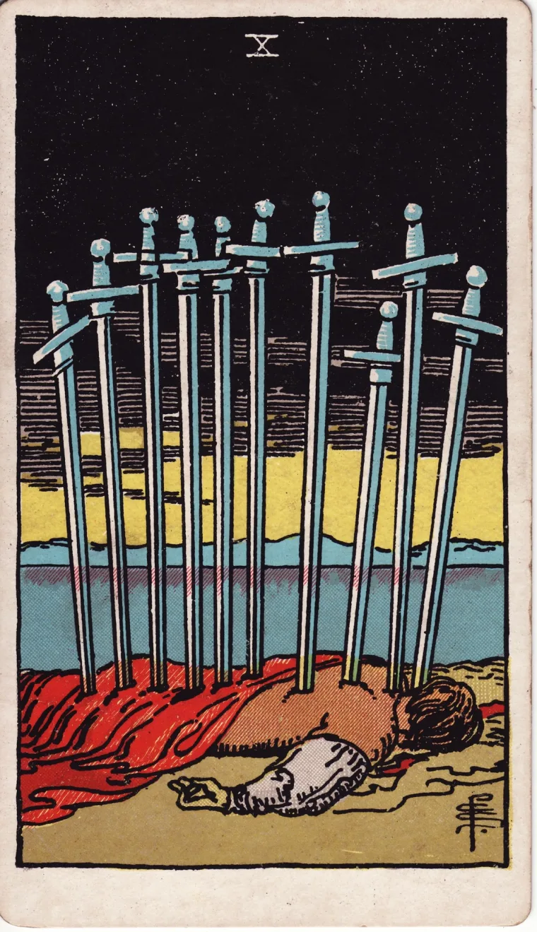 10 de Espadas, ilustração Rider–Waite–Smith de Pamela Colman Smith: Uma figura caída, dez espadas e um horizonte que começa a clarear compõem a cena.