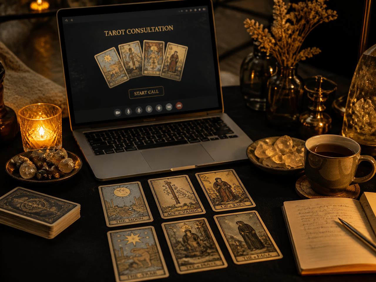 Mesa de leitura com cartas de tarot ao lado de um notebook em videochamada