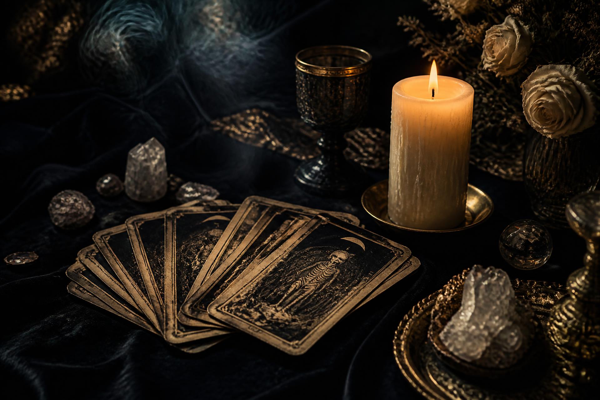 Mesa de leitura com cartas de tarot, vela acesa e cristais em ambiente escuro
