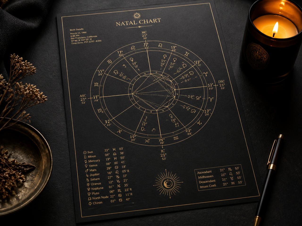 Exemplo de mapa astral impresso em papel carvão com anotações douradas