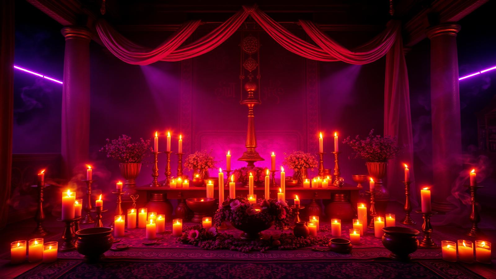 Altar preparado com velas, flores e alguidares para um ebó